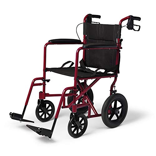 Medline Lightweight Transport Wheelchair with Handbrakes, Folding Transport Chair for Adults, 12 inch Wheels, Red by Medline