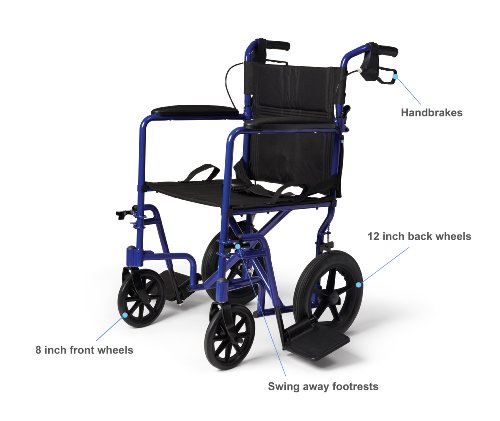 Medline Lightweight Transport Wheelchair with Handbrakes, Folding Transport Chair for Adults has 12 inch Wheels, Blue from Medline
