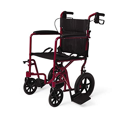 Medline Lightweight Transport Wheelchair with Handbrakes, Folding Transport Chair for Adults, 12 inch Wheels, Red by Medline
