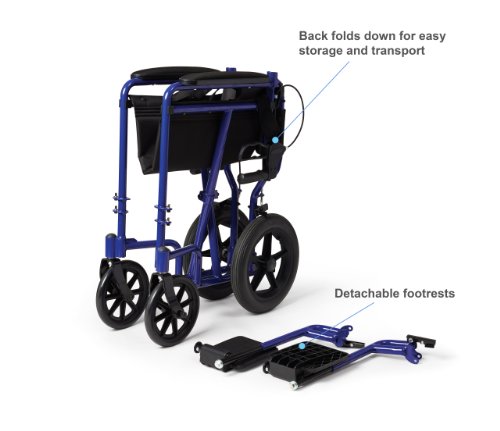 Medline Lightweight Transport Wheelchair with Handbrakes, Folding Transport Chair for Adults has 12 inch Wheels, Blue from Medline