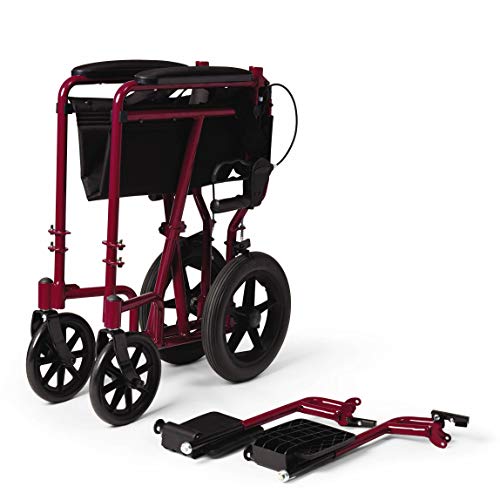 Medline Lightweight Transport Wheelchair with Handbrakes, Folding Transport Chair for Adults, 12 inch Wheels, Red by Medline