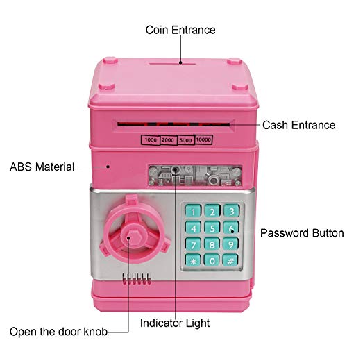 Adevena Electronic Piggy Bank, Mini ATM Password Money Bank Cash Coins Saving Box for Kids, Cartoon Safe Bank Box Perfect Toy Gifts for Boys Girls (Pink) by Adevena