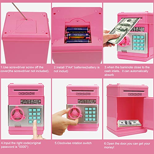 Adevena Electronic Piggy Bank, Mini ATM Password Money Bank Cash Coins Saving Box for Kids, Cartoon Safe Bank Box Perfect Toy Gifts for Boys Girls (Pink) by Adevena