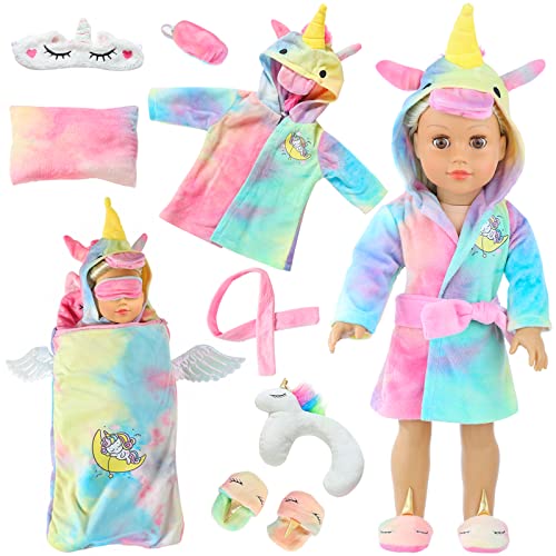 Ecore Fun American 18 inch Girl Doll Clothes and Doll Sleeping Bag Set -Unicorn-Nightgown with Matching Sleepover Masks & Pillow -Dolls Accessories for Kids-Best Gifts from Ecore Fun