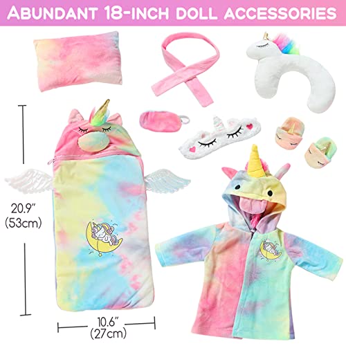Ecore Fun American 18 inch Girl Doll Clothes and Doll Sleeping Bag Set -Unicorn-Nightgown with Matching Sleepover Masks & Pillow -Dolls Accessories for Kids-Best Gifts from Ecore Fun