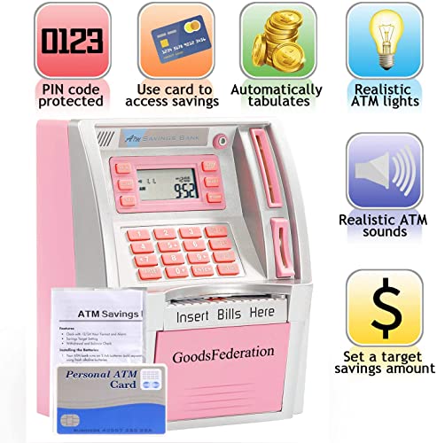 GoodsFederation 2023 Upgraded ATM Savings Piggy Money Bank for Real Money for Kids Adults with Debit Card,Password Login,Coin Recognition,Balance Calculator,Electronic Safe Cash Box (Silver/Pink) from GoodsFederation