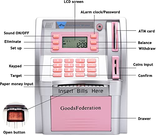 GoodsFederation 2023 Upgraded ATM Savings Piggy Money Bank for Real Money for Kids Adults with Debit Card,Password Login,Coin Recognition,Balance Calculator,Electronic Safe Cash Box (Silver/Pink) from GoodsFederation
