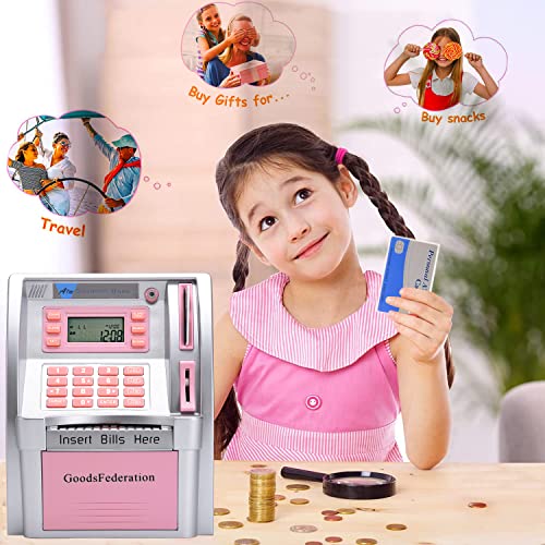 GoodsFederation 2023 Upgraded ATM Savings Piggy Money Bank for Real Money for Kids Adults with Debit Card,Password Login,Coin Recognition,Balance Calculator,Electronic Safe Cash Box (Silver/Pink) from GoodsFederation