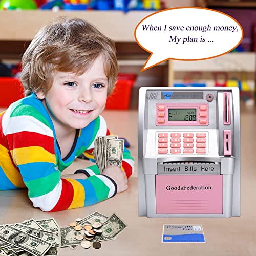 GoodsFederation 2023 Upgraded ATM Savings Piggy Money Bank for Real Money for Kids Adults with Debit Card,Password Login,Coin Recognition,Balance Calculator,Electronic Safe Cash Box (Silver/Pink) from GoodsFederation