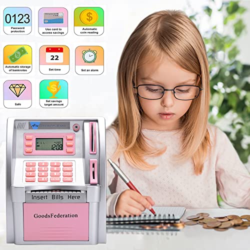 GoodsFederation 2023 Upgraded ATM Savings Piggy Money Bank for Real Money for Kids Adults with Debit Card,Password Login,Coin Recognition,Balance Calculator,Electronic Safe Cash Box (Silver/Pink) from GoodsFederation