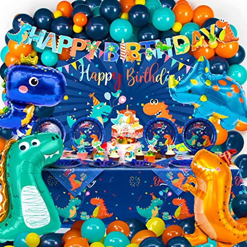 HJINGY 265 PCS Dinosaur Party Decorations, Blue Dinosaur Birthday Party Supplies for Boys Include Dinosaur Balloons, Customized Backdrop, Happy Birthday Banner, Tablecloth, Plates, Cake Toppers from HJINGY