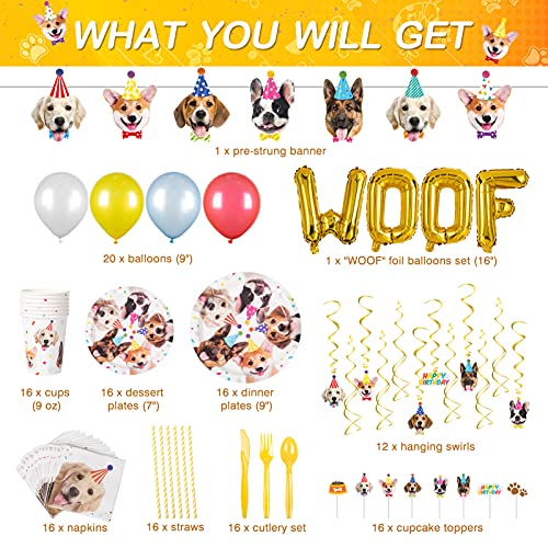 Decorlife Dog Birthday Party Supplies Serves 16, Cute Complete Pack Includes Dog Party Decorations, Banner, Hanging Swirls, Total 178PCS by decorlife