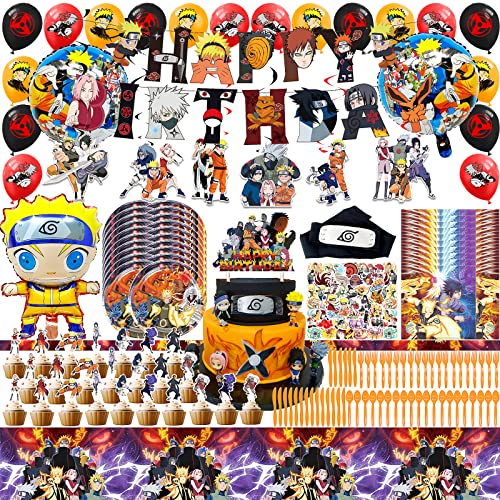 205 Pcs Anime Birthday Party Supplies, Anime Birthday Party Decorations Includes Banner, Balloons, Cake Toppers, Tablecloths, Hanging Swirls, Tableware, Headband, Stickers for Anime Themed Party by HIMZIW
