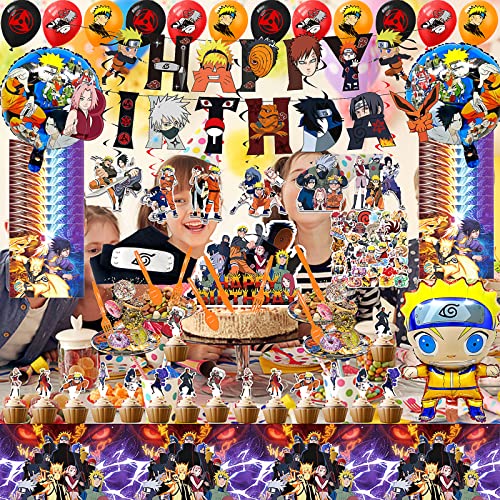 205 Pcs Anime Birthday Party Supplies, Anime Birthday Party Decorations Includes Banner, Balloons, Cake Toppers, Tablecloths, Hanging Swirls, Tableware, Headband, Stickers for Anime Themed Party by HIMZIW