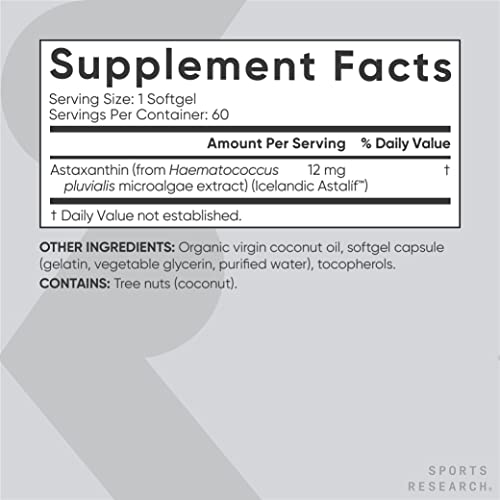 Triple Strength Astaxanthin (12mg) with Organic Coconut Oil | Non-GMO, Soy & Gluten Free - 60 Mini Softgels (2 Month Supply) by Sports Research
