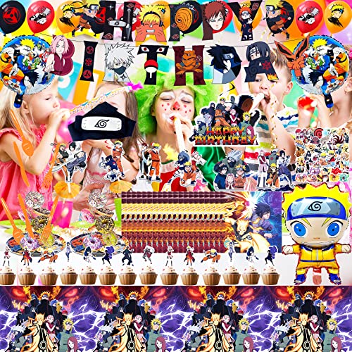 205 Pcs Anime Birthday Party Supplies, Anime Birthday Party Decorations Includes Banner, Balloons, Cake Toppers, Tablecloths, Hanging Swirls, Tableware, Headband, Stickers for Anime Themed Party by HIMZIW