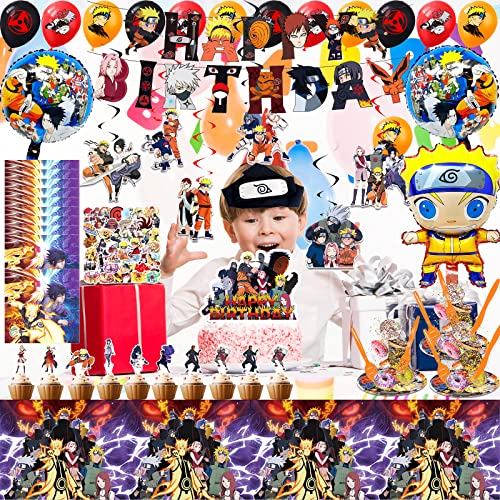 205 Pcs Anime Birthday Party Supplies, Anime Birthday Party Decorations Includes Banner, Balloons, Cake Toppers, Tablecloths, Hanging Swirls, Tableware, Headband, Stickers for Anime Themed Party by HIMZIW