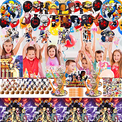 205 Pcs Anime Birthday Party Supplies, Anime Birthday Party Decorations Includes Banner, Balloons, Cake Toppers, Tablecloths, Hanging Swirls, Tableware, Headband, Stickers for Anime Themed Party by HIMZIW