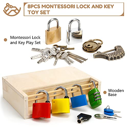 Woodtoe 8 PCS Montessori Lock and Key Toy Set for Toddlers, Wooden Montessori Materials, Homeschool Preschool Keys and Locks Learning Gift, Educational Toys for 3+ Year Old Kids Boys Girls from Woodtoe