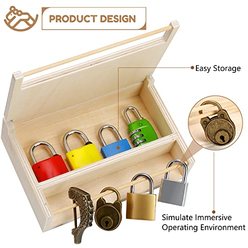 Woodtoe 8 PCS Montessori Lock and Key Toy Set for Toddlers, Wooden Montessori Materials, Homeschool Preschool Keys and Locks Learning Gift, Educational Toys for 3+ Year Old Kids Boys Girls from Woodtoe