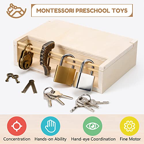 Woodtoe 8 PCS Montessori Lock and Key Toy Set for Toddlers, Wooden Montessori Materials, Homeschool Preschool Keys and Locks Learning Gift, Educational Toys for 3+ Year Old Kids Boys Girls from Woodtoe