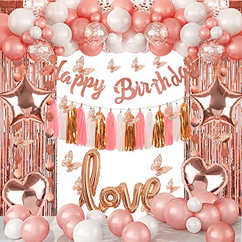 Rose Gold Birthday Party Decorations Kit for Women 73 Pieces, Happy Birthday Banner, Fringe Curtains, Butterfly Decor, Foil Balloons for 13th 16th 20th 21st 30th 35th 50th 60th Girls Men Party Supplies by zhiyang888