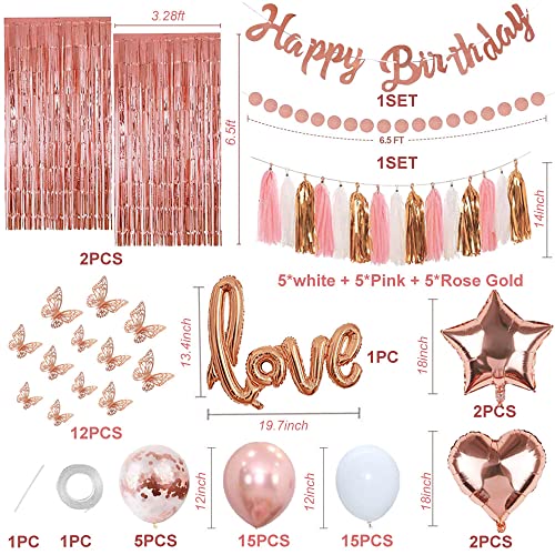 Rose Gold Birthday Party Decorations Kit for Women 73 Pieces, Happy Birthday Banner, Fringe Curtains, Butterfly Decor, Foil Balloons for 13th 16th 20th 21st 30th 35th 50th 60th Girls Men Party Supplies by zhiyang888