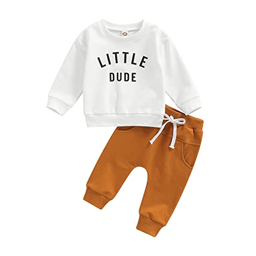 Lamuusaa Newborn Toddler Baby Boy Clothes Crewneck Sweatshirt Jogger Pants Sweatpants 2Pcs Casual Fall Winter Outfits (Little Dude-White Brown, 0-6 Months) from Lamuusaa