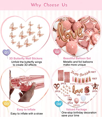 Rose Gold Birthday Party Decorations Kit for Women 73 Pieces, Happy Birthday Banner, Fringe Curtains, Butterfly Decor, Foil Balloons for 13th 16th 20th 21st 30th 35th 50th 60th Girls Men Party Supplies by zhiyang888