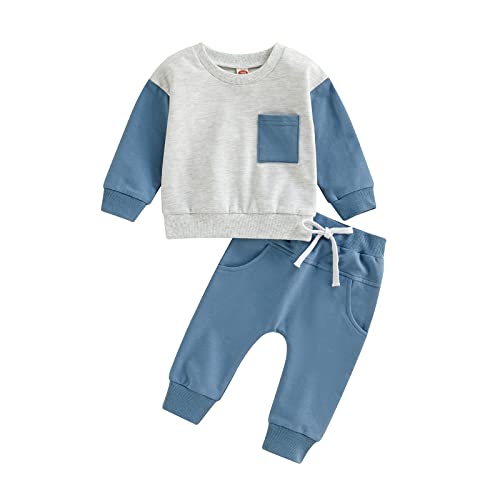 Toddler Baby Boy Clothes Long Sleeve Striped Crewneck T-Shirt Top + Solid Drawstring Pants Set Infant Fall Outfits (Contrast Color Blue, 12-18 Months) from Hnyenmcko