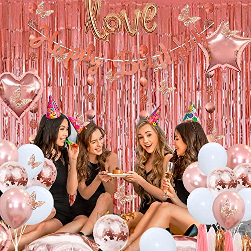 Rose Gold Birthday Party Decorations Kit for Women 73 Pieces, Happy Birthday Banner, Fringe Curtains, Butterfly Decor, Foil Balloons for 13th 16th 20th 21st 30th 35th 50th 60th Girls Men Party Supplies by zhiyang888