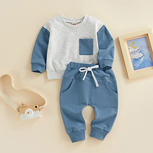 Toddler Baby Boy Clothes Long Sleeve Striped Crewneck T-Shirt Top + Solid Drawstring Pants Set Infant Fall Outfits (Contrast Color Blue, 12-18 Months) from Hnyenmcko