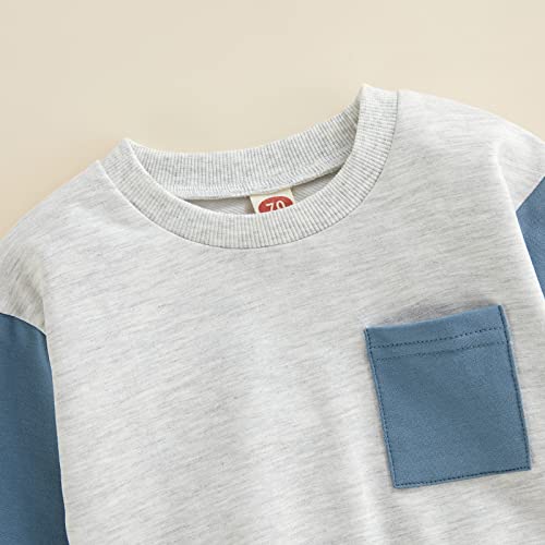 Toddler Baby Boy Clothes Long Sleeve Striped Crewneck T-Shirt Top + Solid Drawstring Pants Set Infant Fall Outfits (Contrast Color Blue, 12-18 Months) from Hnyenmcko