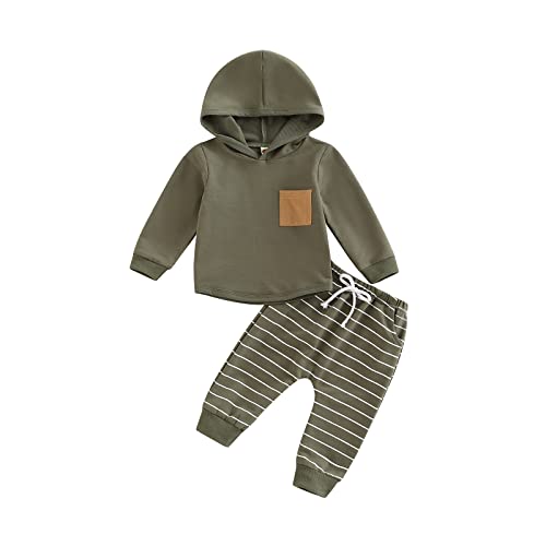 Sasaerucure Toddler Baby Boy Fall Winter Outfit Hoodie Long Sleeve Sweatshirt Pullover Top Striped Pants 2PCS Clothes Set (Army Green, 12-18 Months) from Sasaerucure