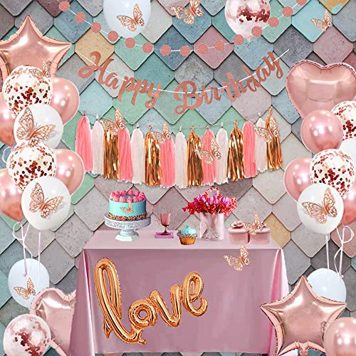 Rose Gold Birthday Party Decorations Kit for Women 73 Pieces, Happy Birthday Banner, Fringe Curtains, Butterfly Decor, Foil Balloons for 13th 16th 20th 21st 30th 35th 50th 60th Girls Men Party Supplies by zhiyang888