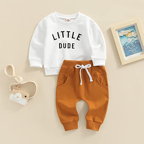 Lamuusaa Newborn Toddler Baby Boy Clothes Crewneck Sweatshirt Jogger Pants Sweatpants 2Pcs Casual Fall Winter Outfits (Little Dude-White Brown, 0-6 Months) from Lamuusaa
