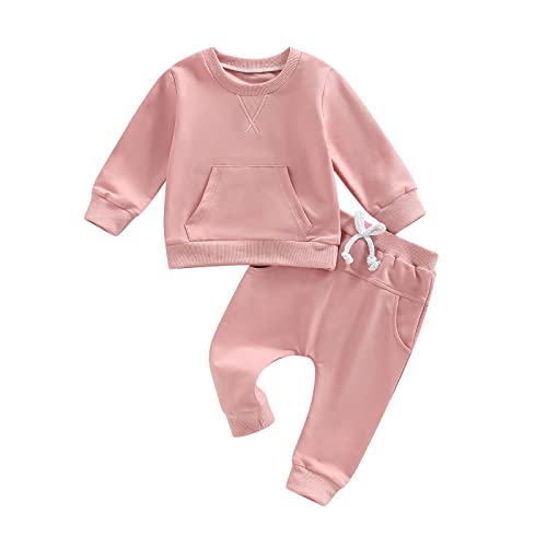 Fall Winter Outfit Infant Baby Boy Girl Solid Color Sweatsuit Crewneck Pocket Sweatshirt Top+Sweatpants Cousin Matching Set (Pink, 12-18 Months) by Wytyjxccyy