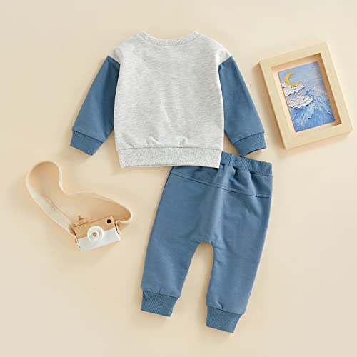 Toddler Baby Boy Clothes Long Sleeve Striped Crewneck T-Shirt Top + Solid Drawstring Pants Set Infant Fall Outfits (Contrast Color Blue, 12-18 Months) from Hnyenmcko