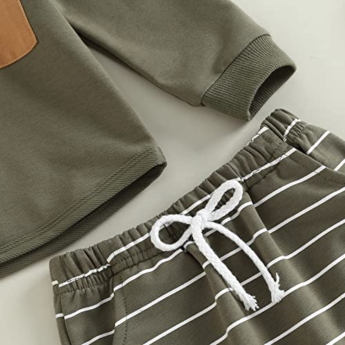 Sasaerucure Toddler Baby Boy Fall Winter Outfit Hoodie Long Sleeve Sweatshirt Pullover Top Striped Pants 2PCS Clothes Set (Army Green, 12-18 Months) from Sasaerucure