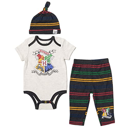 Harry Potter Gryffindor Slytherin Ravenclaw Newborn Baby Boys 3 Piece Outfit Set: Cuddly Bodysuit Pants Hat White / Gray 0-3 Months by Bentex Group, Inc.