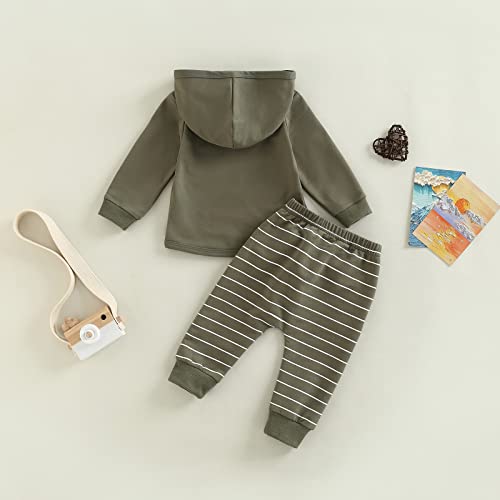 Sasaerucure Toddler Baby Boy Fall Winter Outfit Hoodie Long Sleeve Sweatshirt Pullover Top Striped Pants 2PCS Clothes Set (Army Green, 12-18 Months) from Sasaerucure