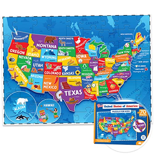 United States Puzzle for Kids - 70 Piece - USA Map Puzzle 50 States with Capitals - Childrens Jigsaw Geography Puzzles for Kids Ages 4-8, 5, 6, 7, 8-10 Year Olds - US Map Puzzle for Kids Learning from Momo & Nashi