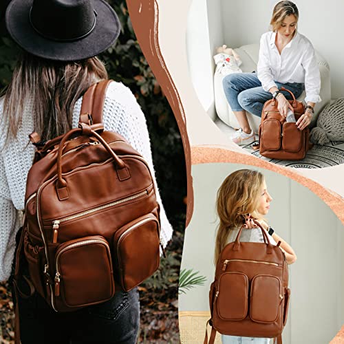 MOMINSIDE Diaper Bag Backpack Leather Backpack with 18 Pockets for Mom Dad, Travel Baby Bag for Boys Girls, Large Wet Pocket, 4 Insulated Pockets, Changing Station, Stroller Straps, Brown by Guanfang