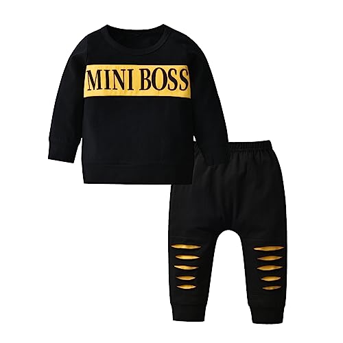 Toddler Infant Baby Boy Clothes Long Sleeve Letter Print Sweatshirt Tops + Pants 2 PCS Sweatsuit Outfit (18-24 Months) Black from 