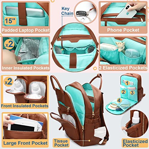 MOMINSIDE Diaper Bag Backpack Leather Backpack with 18 Pockets for Mom Dad, Travel Baby Bag for Boys Girls, Large Wet Pocket, 4 Insulated Pockets, Changing Station, Stroller Straps, Brown by Guanfang