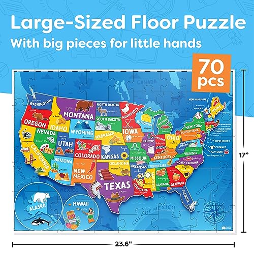 United States Puzzle for Kids - 70 Piece - USA Map Puzzle 50 States with Capitals - Childrens Jigsaw Geography Puzzles for Kids Ages 4-8, 5, 6, 7, 8-10 Year Olds - US Map Puzzle for Kids Learning from Momo & Nashi