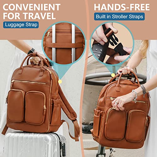 MOMINSIDE Diaper Bag Backpack Leather Backpack with 18 Pockets for Mom Dad, Travel Baby Bag for Boys Girls, Large Wet Pocket, 4 Insulated Pockets, Changing Station, Stroller Straps, Brown by Guanfang