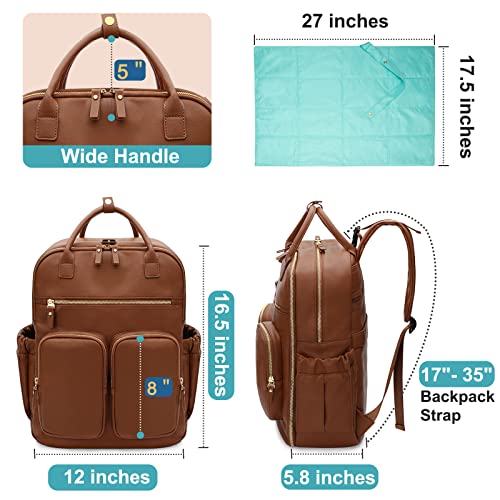 MOMINSIDE Diaper Bag Backpack Leather Backpack with 18 Pockets for Mom Dad, Travel Baby Bag for Boys Girls, Large Wet Pocket, 4 Insulated Pockets, Changing Station, Stroller Straps, Brown by Guanfang