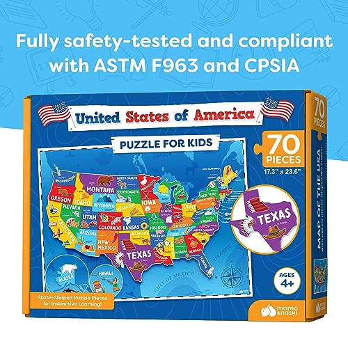 United States Puzzle for Kids - 70 Piece - USA Map Puzzle 50 States with Capitals - Childrens Jigsaw Geography Puzzles for Kids Ages 4-8, 5, 6, 7, 8-10 Year Olds - US Map Puzzle for Kids Learning from Momo & Nashi