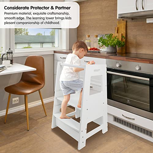ECOMEX Toddler Standing Tower Kitchen Step Stool for Kid's Adjustable Height Learning Stool, Toddler Kitchen Stool Helper Removable Anti-Drop Safety Rail Stool for Bedroom, Bathroom, White from ECOMEX